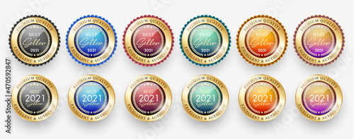 Best seller 2021 / Premium quality medals set. Realistic golden labels - badges, best seller 2021. Vector illustration EPS10