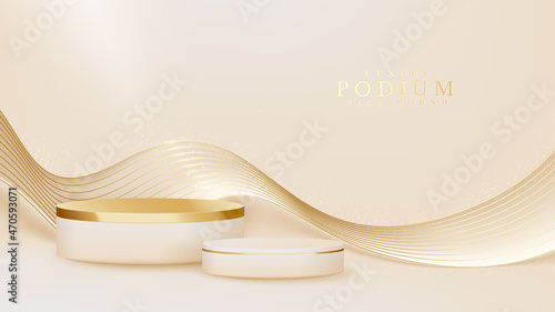Cream color podium with golden curve line elements, Luxury banner background design.