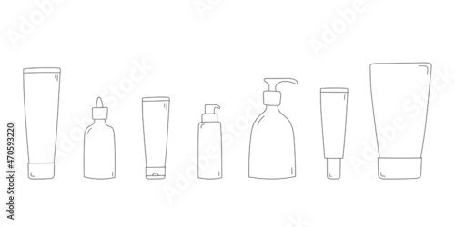 Set of line art doodle bottles and tubes. Cosmetic and skincare products. Isolated vector illustration 