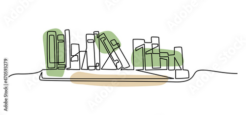 Books on the shelf. Book bundle one line. School textbooks sketch. Outline vector illustration