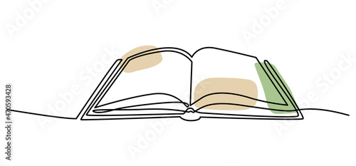 Open book one line. School textbook sketch. Outline vector illustration