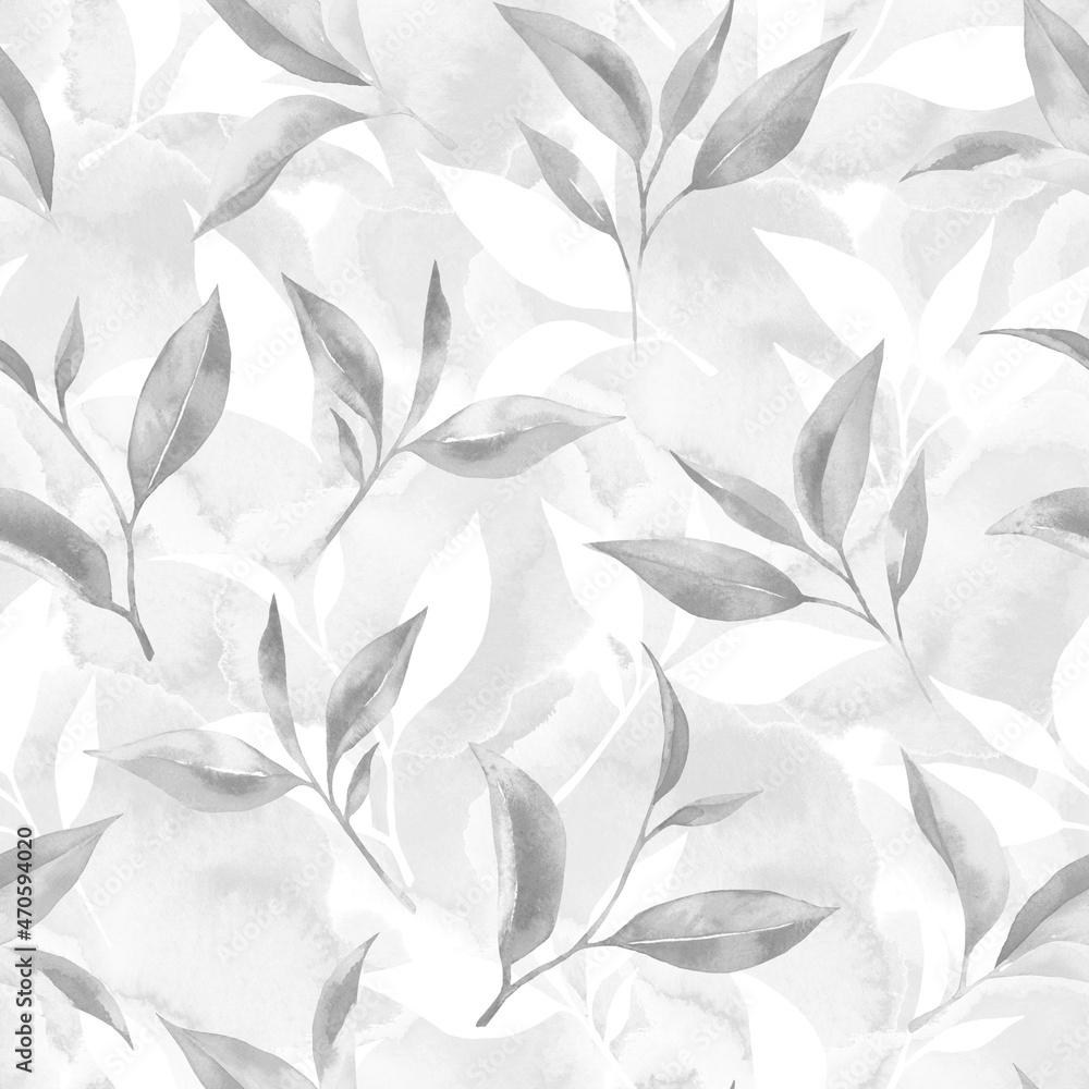 Tea leaves seamless pattern on texture watercolour. Food background