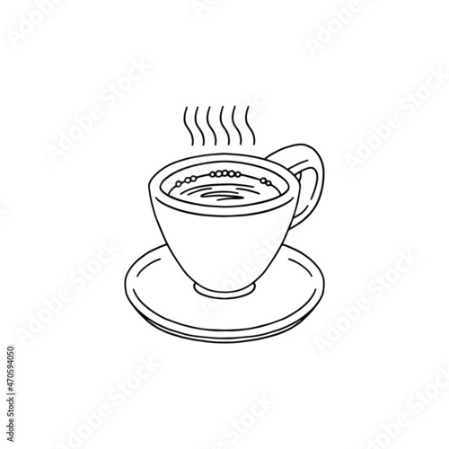 Hot espresso or ristretto coffee cup, black line vector illustration isolated.