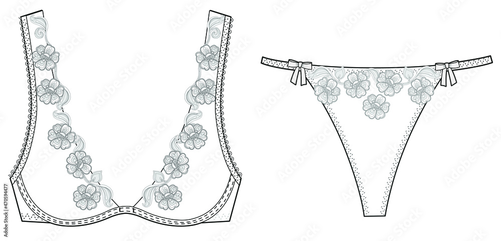 floral lace border underwired bra and thong panty women lingerie set vector  drawing Stock Vector