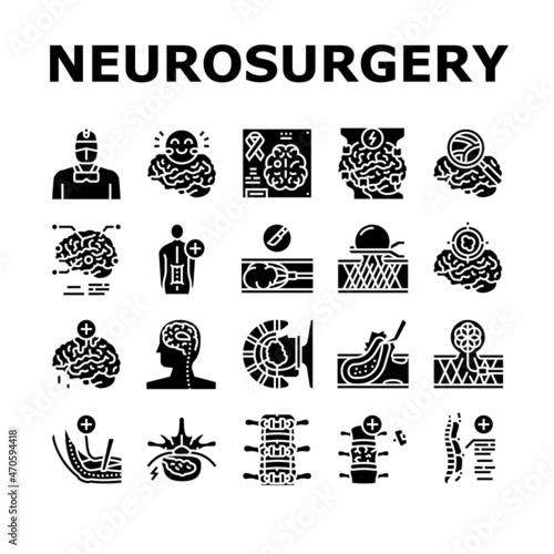 Neurosurgery Medical Treatment Icons Set Vector. Stereotactic Radiosurgery And Pediatric Neurosurgery, Neuro-oncology Researching, Coil Embolization Spinal Surgery Glyph Pictograms Black Illustrations