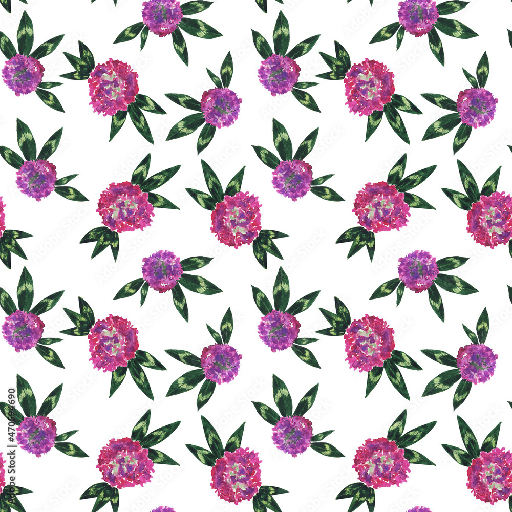 Seamless pattern of red clover flower branch on white background. Trifolium pretense plant. Watercolor hand drawing illustration for textile. Seamless pattern of red clover flower branch on white background. Trifolium pretense plant. Watercolor hand drawing illustration for textile.