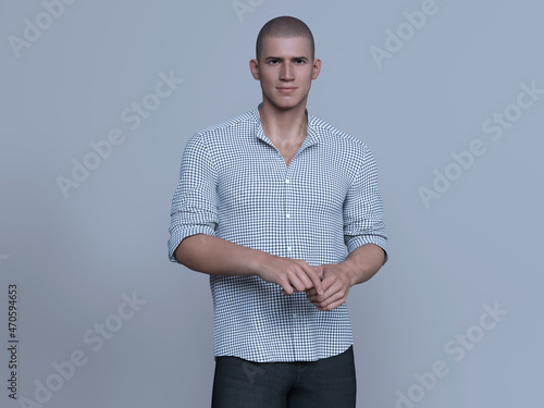 Slika na platnu 3D Render : the portrait of smiling handsome skinhead  guy in shirt isolated on