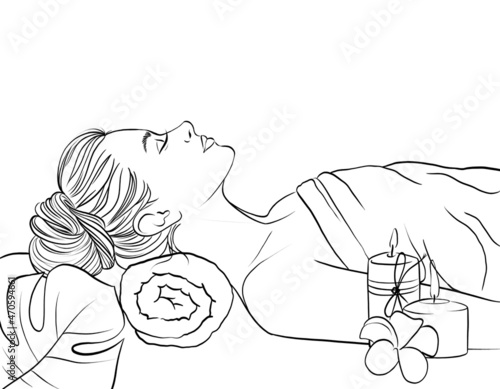 Line illustration of beautyful young woman lying on spa treatments.