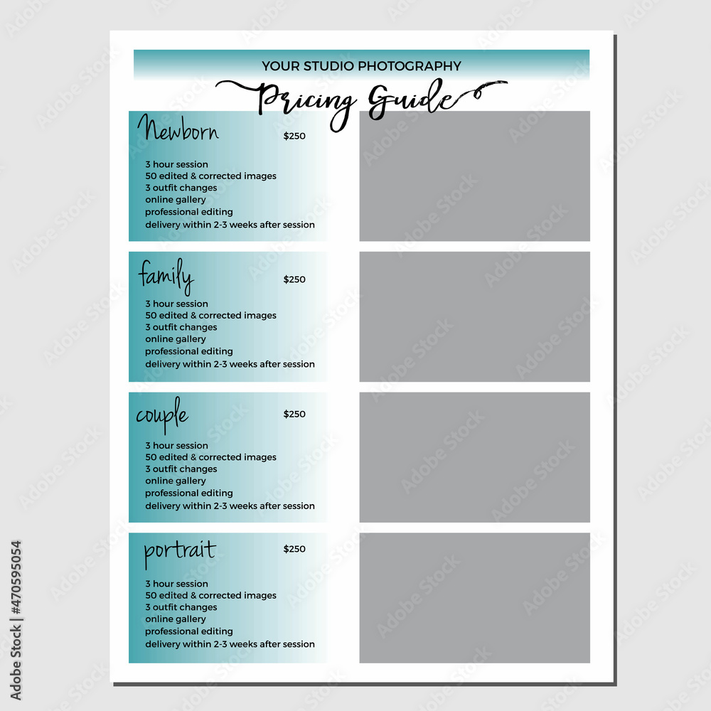 Photography Pricing Template, Price Guide List for Photographers Stock  Vector | Adobe Stock
