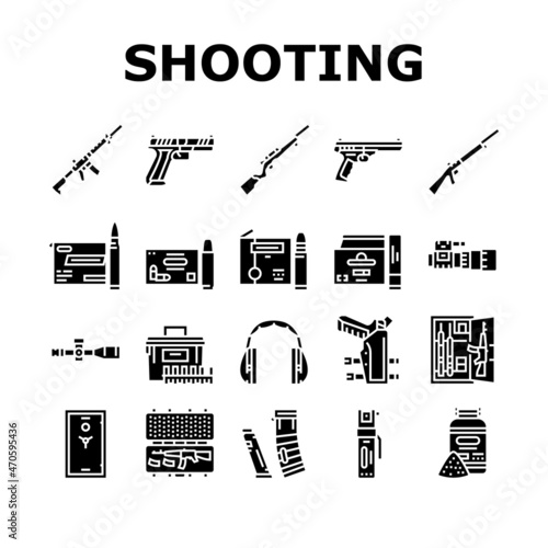 Shooting Weapon And Accessories Icons Set Vector. Pepper Spray And Ammo Box, Centerfire And Rimfire Pistol, Night Vision Scope And Ear Muffs For Shooting Gun Glyph Pictograms Black Illustrations