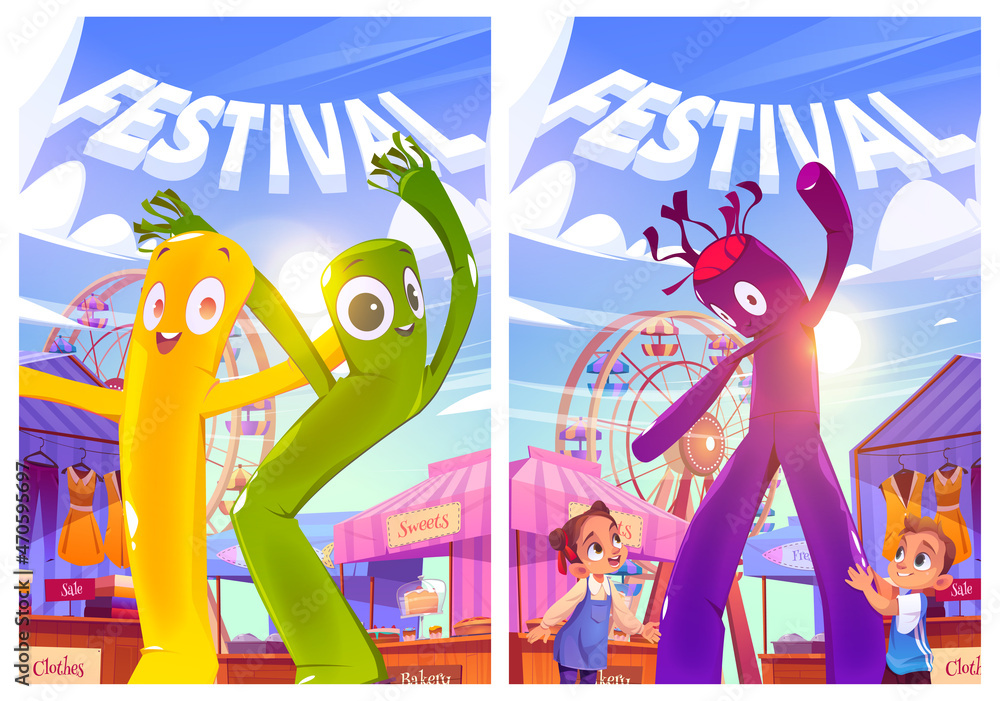 Festival posters with fair, kids, inflatable tube men and ferris wheel.  Vector flyers with cartoon illustration of festive market with stalls,  happy children, attractions and air dancers Stock-Vektorgrafik | Adobe Stock