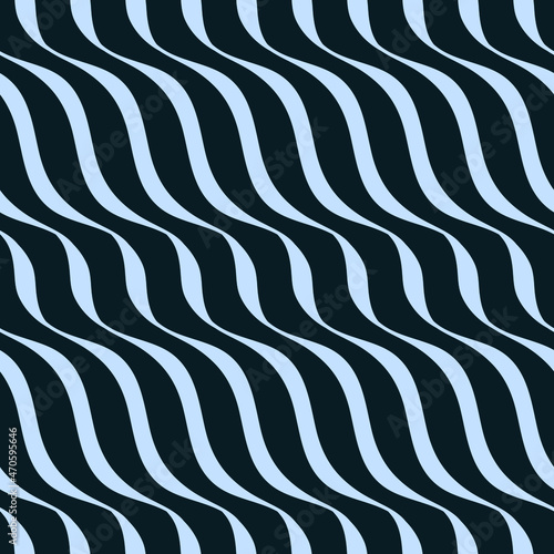 Abstract seamless pattern background with blue waves. Black curve lines. Wavy illustration.
