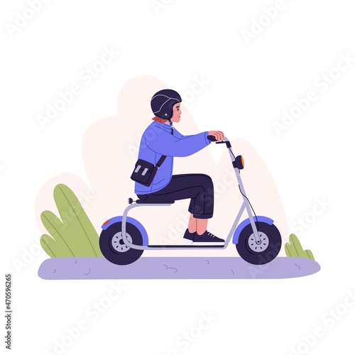 Person riding electric scooter. Woman driving moped. Motorbike rider in helmet on bike seat. Modern eco-friendly city transport. Colored flat vector illustration isolated on white background