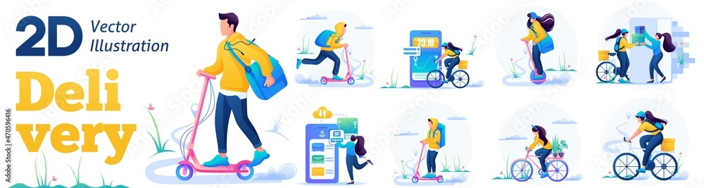 Set Flat Concepts of Home delivery. Young people work as couriers and deliver food, goods and things home to customers. For Vector Illustrations Set Flat Concepts of Home delivery. Young people work as couriers and deliver food, goods and things home to customers. For Vector Illustrations