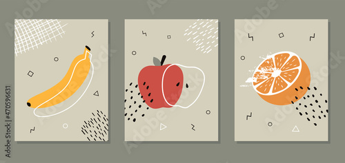 Abstract posters with fruits. Collection of contemporary art. Abstract elements, fruits for social networks, cards, prints. Memphis style apple, banana and orange. Vector illustration