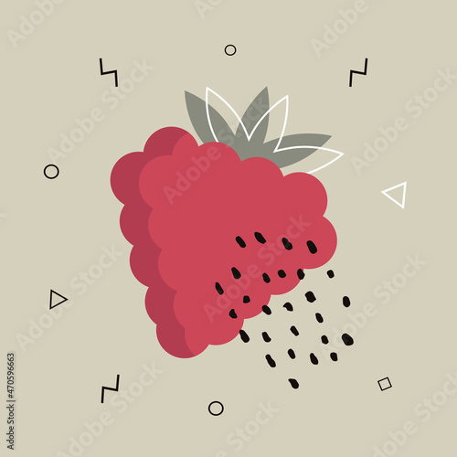 Abstract poster with raspberries. Contemporary art. Abstract elements, fruits and berry for social networks, cards, prints. Memphis style raspberries. Vector illustration
