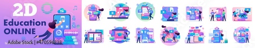 Set Concepts Education online. Online training using gadgets tablets and smartphones. Courses, institutes, school. For Vector Illustrations