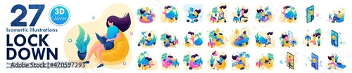 Set Isometric Concepts Lockdown. People who are isolated stay at home, work online, communicate and play sports, study, order food at home. For Vector Illustrations