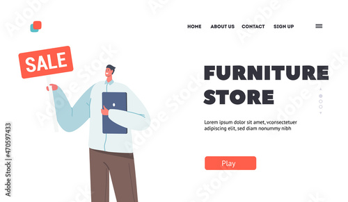 Furniture Store Landing Page Template. Good Looking Man Office Worker or Business Character Wearing Suit Holding Tablet