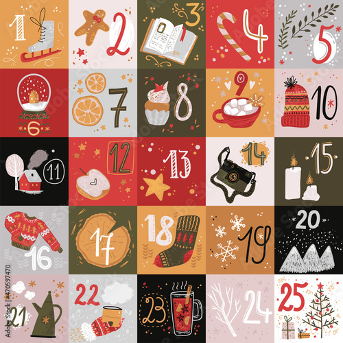 Winter holday cards and advent calendar. Christmas and New Year decorations with numbers. photo