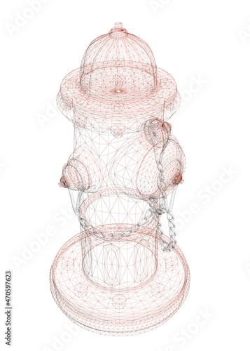 Wireframe of street fire hydrant from red lines isolated on white background. Isometric view. 3D. Vector illustration