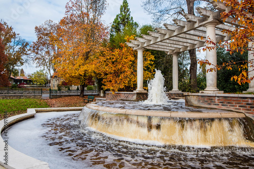 nice landscape with a fountain in an autumn park photo