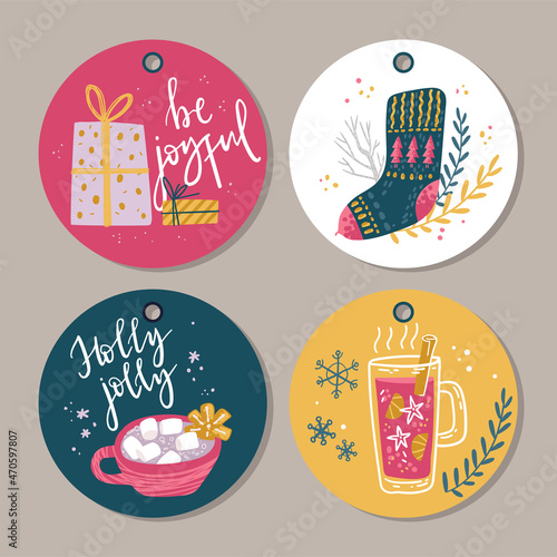 Winter holday cards and gift tags. Christmas and New Year decorations with hand lettering.