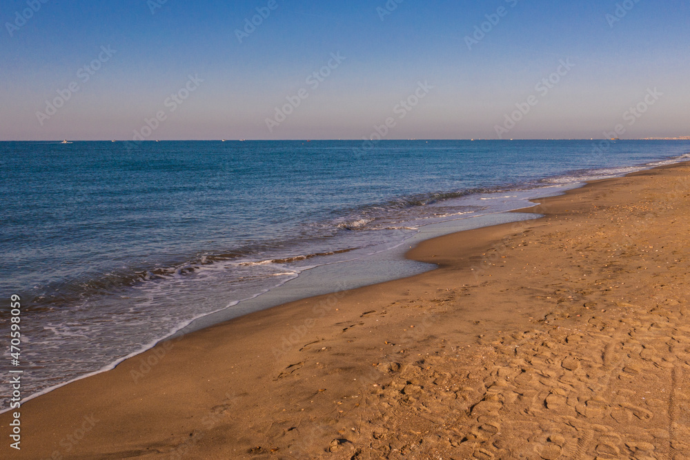 Panorama of the seafront of Ostia, near Rome in Italy. There are no people on the beach or in the sea.