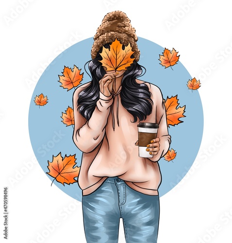 Illustration of woman in a sweater and a warm hat covers her face with a maple leaf and holds coffee to go in her hands