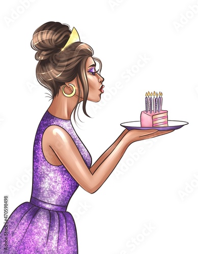 Illustration of beautyful caucasian woman in evening dress and tiara blows out candles on birthday cake