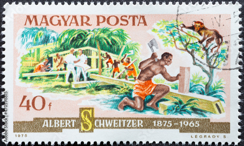 HUNGARY - CIRCA 1975: A post stamp printed in Hungary showing the Hospital, Lambarene - Monkey. Hospital of Dr. Albert Schweitzer