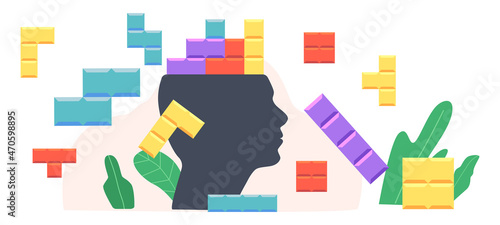 Psychology Science Concept with Colorful Puzzle Pieces on Huge Human Head. Mental Health and Sick Mind Treatment