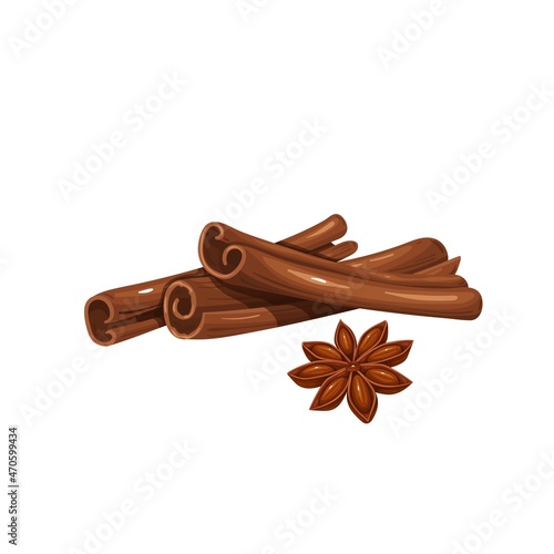 Cinnamon sticks and anise star vector illustration. Aromatic seasoning ingredient.