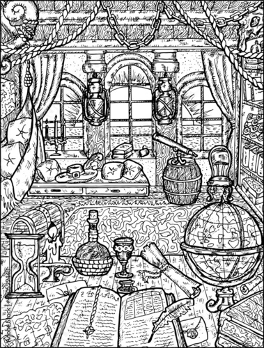 Black and white illustration of captain or sailor room with illuminator, furniture and nautical equipment indoors. Vector vintage drawings, marine concept, coloring book page