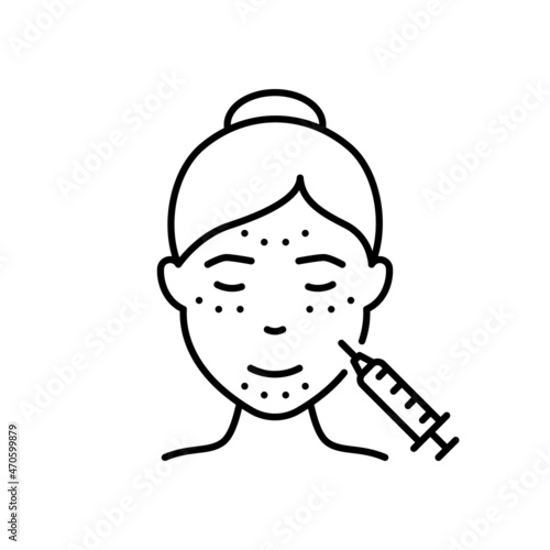 Woman Facial Injection Line Icon. Cosmetology Skin Care for Girl Face Pictogram. Filler, Acid, Botox, Mesotherapy, Anti Aging Procedure Outline Icon. Editable Stroke. Isolated Vector Illustration