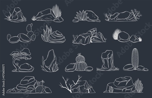 Outline stones with plant, rocks with cactuses, drawn monochrome boulders with desert plants and grass. White line on black vector illustration.