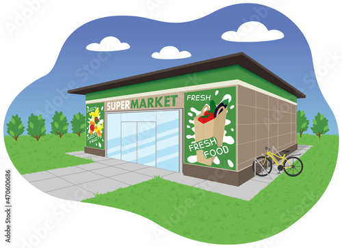 A perspective view of a supermarket. Fresh food and juicy fruits