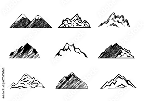 Hand Drawn Mountains Set Isolated, Vector Illustration