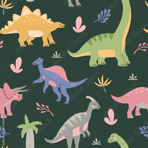 Cartoon cute dinosaurs among tropical plants. Seamless pattern for child. Colorful repeated prehistoric animals on green background. Hand drawn vector illustration in modern trendy flat style.