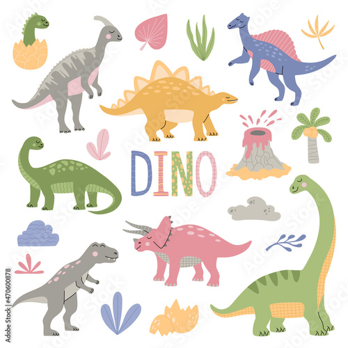 Set of various cartoon dinosaurs among tropical plants  palm trees  volcanoes and DINO inscription. Cute colorful animals isolated on white background. Hand drawn modern flat vector illustration.