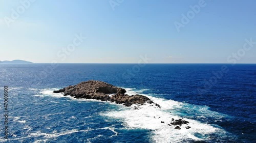 Large Sea Rock Of St. Jerusalem Near The Jerusalem Beach In The Ionian Island Of Kefalonia, Greece. aerial photo