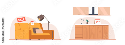 Home Interior Furniture for Kitchen and Living Room. Sofa, Floor Lamp, Sink and Table with Hood for Home Apartment