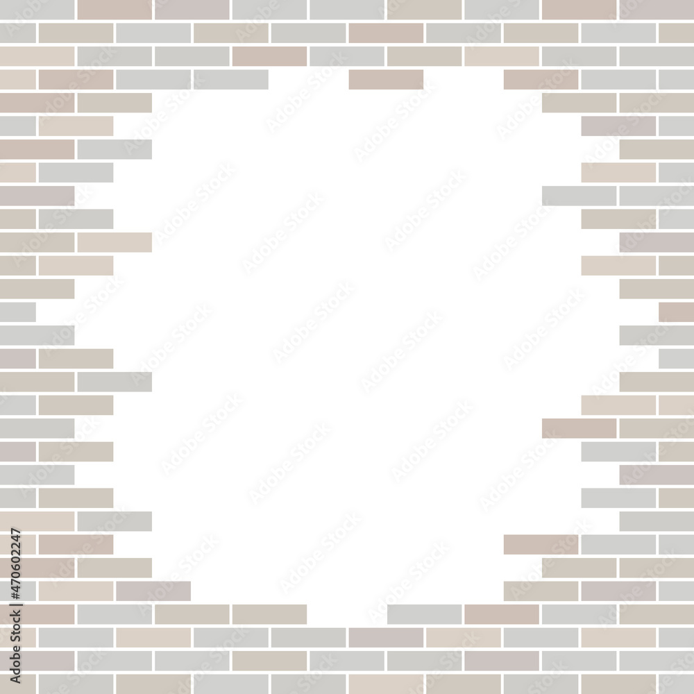 Realistic pattern. Round grey brick wall on white background. Colorful background. Gray brick texture with copy space. Border, frame for any text. Realistic pattern. Round grey brick wall on white background. Colorful background. Gray brick texture with copy space. Border, frame for any text.