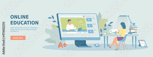 Online education, distance learning, studying, training. Girl watching a video lesson, has an online course. Promotional web banner. Cartoon flat vector illustration with people characters.