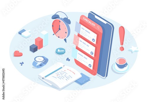 Mobile application for planning, time management. Checklist, To Do list. App for control task achievement. Vector illustration in 3d design. Isometric web banner.