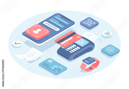 Web banking, mobile payment. Wireless money transfer. Secure cashless payment with credit card, mobile phone apps, smart watches. Vector illustration in 3d design. Isometric web banner.