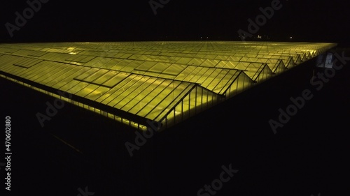 Abstract green geometric background. Illuminated greenhouses at night. Agricultural infrastructure on glass roofs.