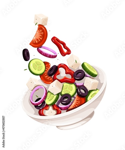 Greek salad falling into bowl vector illustration. Flying salad with red tomatoes, pepper, feta, cucumber and olives concept cooking