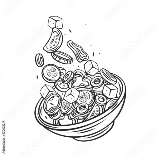 Greek salad falling into bowl otline hand drawn vector illustration. Flying salad with red tomatoes, pepper, feta, cucumber and olives concept cooking photo