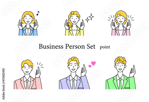 笑顔で指をさす仕草をしているビジネススーツ姿の可愛い男性と女性のアバターアイコンセット イラスト ベクター